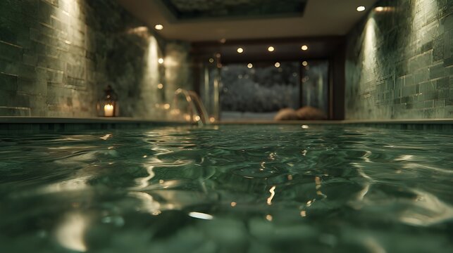 Ultra realistic view of floating calmly in jade-colored spa water at night, camera placed right above the water surface with clear water line, soft ripples and soft reflections in the foreground