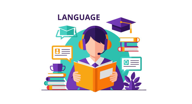 Flat vector illustration of a student with headphones reading an orange book, surrounded by mortarboards, book stacks, and chat bubbles under the word LANGUAGE for online education.