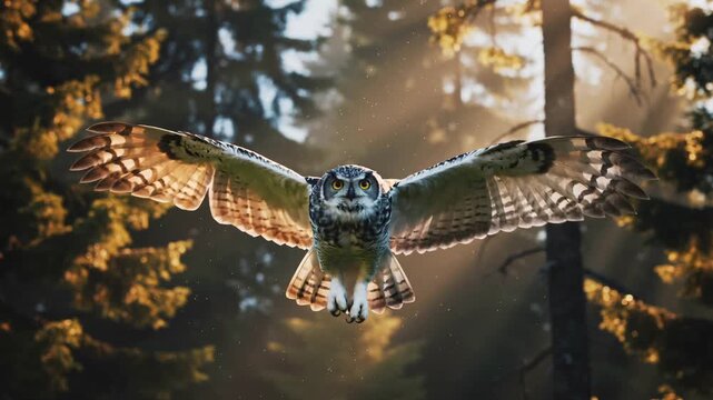 Powerful Owl Gliding Through Forest