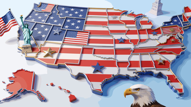 A stylized 3D map of the United States of America, adorned with the American flag's stars and stripes, featuring iconic landmarks like the Statue of Liberty and a bald eagle.