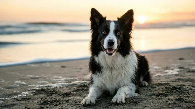border collie at cornwall beach england close up golden light video
