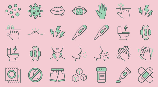 Medical symptoms healthcare line icons pack showing disease signs viral transmission prevention methods clinical diagnostics and treatment vector illustration