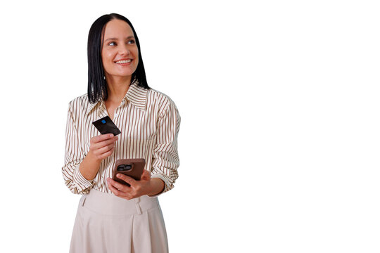 Woman smiling, holding credit card and smartphone, shopping online, making secure payment on transparent background