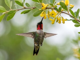 Obraz premium Hummingbird feeding from yellow flowers with green leaves