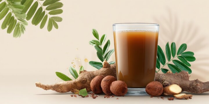 Healthy drink in glass with roots and leaves against beige background