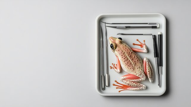 Dissection tools and specimen in clear plastic tray on white background