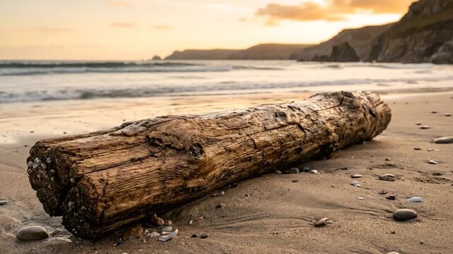 british timber trunk at cornwall beach england close up golden light video