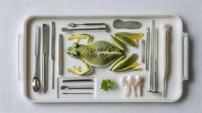 Dissecting tools arranged in metal tray with plant specimen on white background