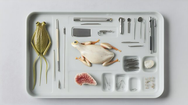 Dissecting tools arranged in medical tray with preserved specimen for laboratory study
