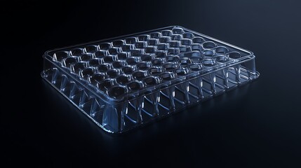 Fototapeta premium 3D Rendering of DNA Gel Electrophoresis Tray with Blue Glowing Bands in Dark Laboratory Setting