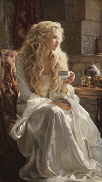 Europe medieval lifestyle. A detailed, realistic painting depicts a woman with long, wavy blonde hair seated in an opulent room. She wears a flowing white gown with intricate lace detailing.