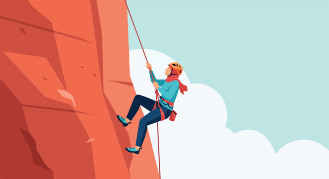 Person rappelling down a steep rock face