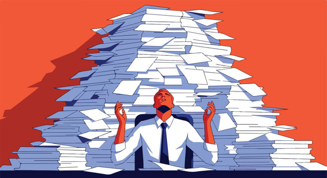 Man overwhelmed by a mountain of papers