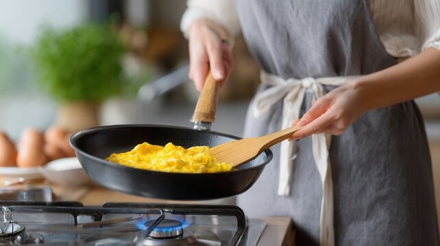 Person cooking scrambled eggs in pan on gas stove preparing breakfast meal at home kitchen