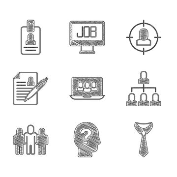 Set Project team base, Worker, Tie, Employee hierarchy, Resume, Head hunting and Identification badge icon. Vector