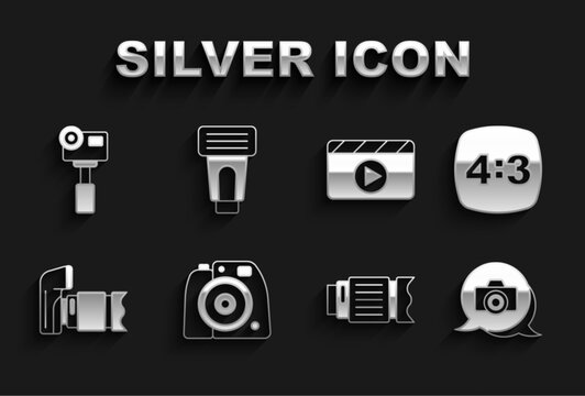 Set Photo camera, frame 4, Camera photo lens, Movie clapper, Action extreme and flash icon. Vector