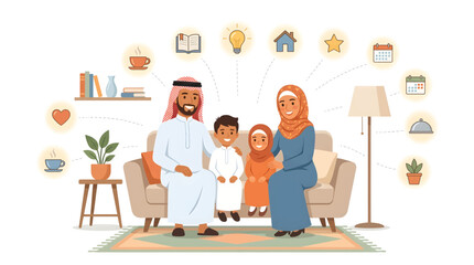 Fototapeta premium Happy Middle Eastern family of four smiling together on a sofa, surrounded by icons representing home life and aspirations.