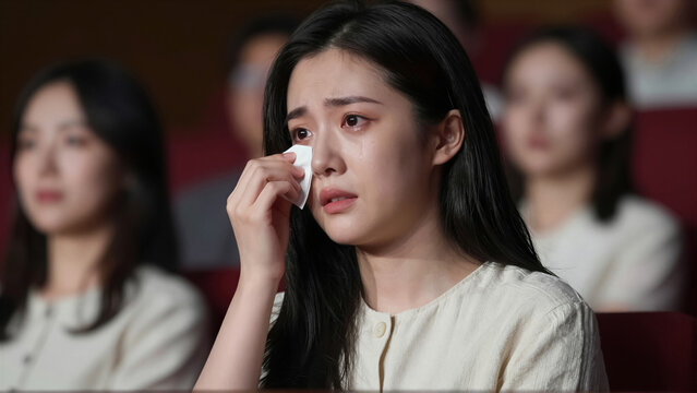 A young Asian woman in an audience wipes a tear, her face showing profound sadness and emotion. This image captures distress, highlighting human vulnerability and mental health challenges