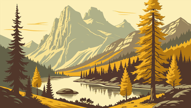 Beautiful mountain scenery vector highlighting natural landscapes, wilderness adventure, and panoramic surroundings.