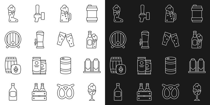 Set line Glass of beer, Beer brewing process, bottle and glass, Wooden mug, tap, barrel, Boot and icon. Vector