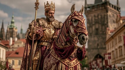 Fototapeta premium Europe medieval lifestyle. A vivid portrayal of a regal figure, likely a king or nobleman, riding a horse. The figure wears ornate gold and burgundy robes with intricate patterns and designs.