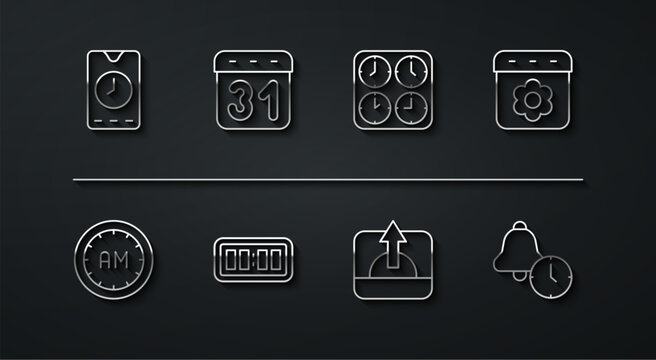 Set line Alarm clock app mobile, Morning time, Calendar spring, Sunrise, Digital alarm, and Time zone clocks icon. Vector