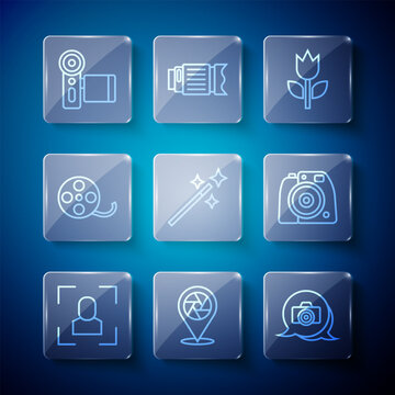 Set line Camera focus frame line, shutter, Photo camera, mode macro, retouching, Film reel, Cinema and icon. Vector