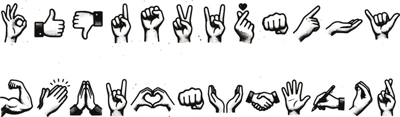 Fototapeta premium Black and white line art hand gestures set showing communication symbols like thumbs up heart peace and prayer vector illustration