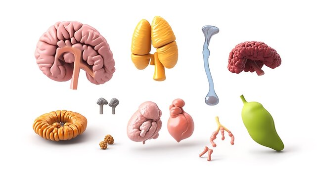 3D illustration of human endocrine system glands and healthy food sources on white background