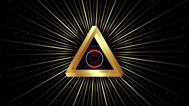 Animation of Sacred Geometry, gold mystical infinity symbol, Impossible triangle. Penrose optical illusion. Rotation of mystical sun rays, the eye of God. Video loop, black galaxy background 