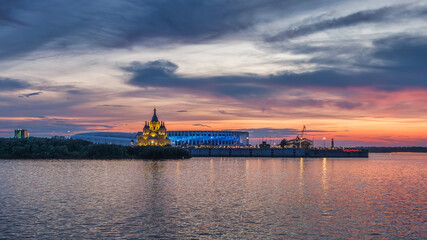 Naklejka premium Sunset in Nizhny Novgorod, Russia Over Oka and Volga River, and Alexander Nevsky Church