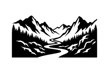 Fototapeta premium Mountain landscape silhouette with winding river and pine forest vector