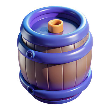 Wooden barrel with purple straps and a stopper on top isolated on transparent background