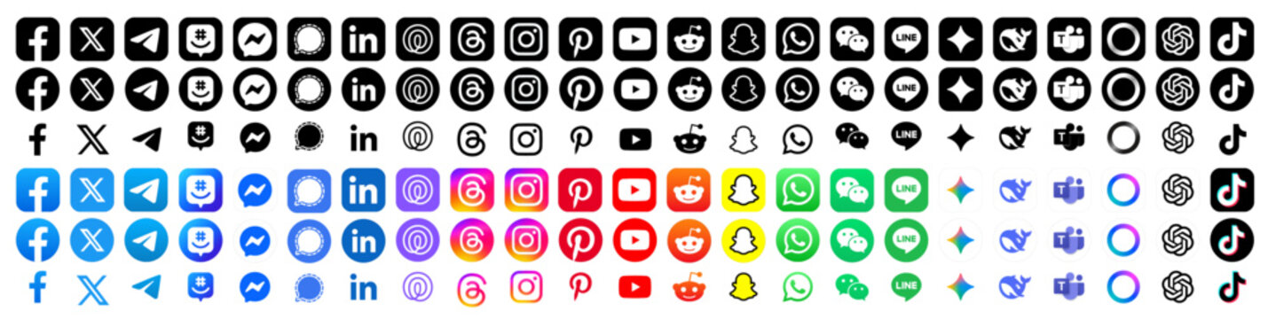 Threads, Instagram, TikTok, X, Facebook, Whatsapp, Twitter, YouTube, Telegram, Snapchat, Pinterest, Reddit, Messenger, WeChat, Line, Bluesky and LinkedIn app icons. Set of social media logos