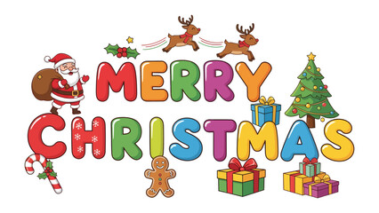 Naklejka premium Merry Christmas Greeting Card: A festive and colorful illustration of a Christmas scene featuring Santa Claus, reindeer, a Christmas tree, gift boxes, candy canes, and gingerbread man.