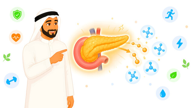 Man in traditional attire points to pancreas with health icons symbolizing wellness and medical care