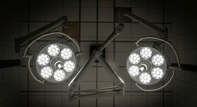 A low-angle view looking straight up at two large medical surgical lights glowing brightly in a dark operating room