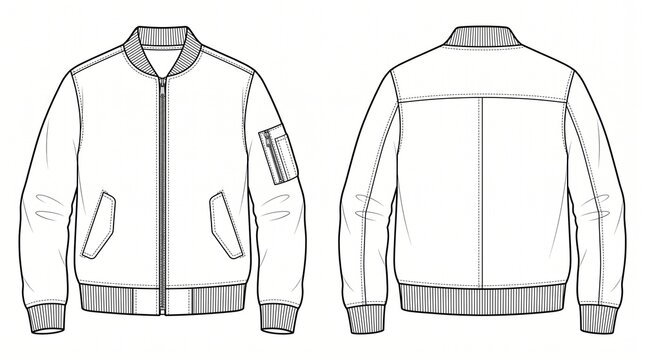 Bomber Jacket Technical Fashion Illustration, Front and Back View Flat Sketch for Apparel Design