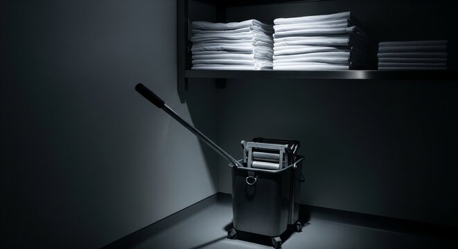 A dark, dimly lit utility or storage room featuring a professional black rolling mop bucket with a wringer mechanism sitting in a spotlight