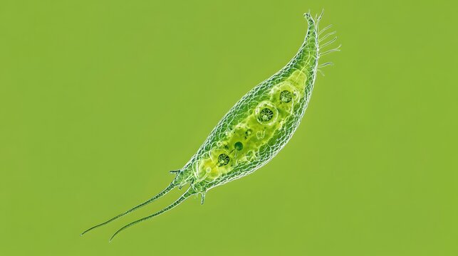 Microscopic Euglena Structure Showing Flagellum and Chloroplasts in Bright Green Detail