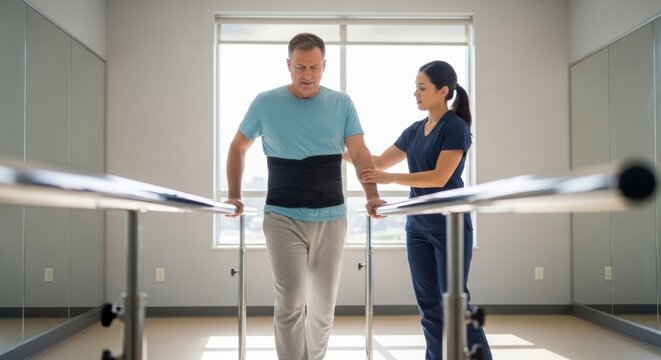A patient with a herniated disc is walking slowly between parallel bars while wearing a back brace.