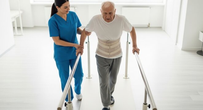 A patient with a herniated disc is walking slowly between parallel bars while wearing a back brace.