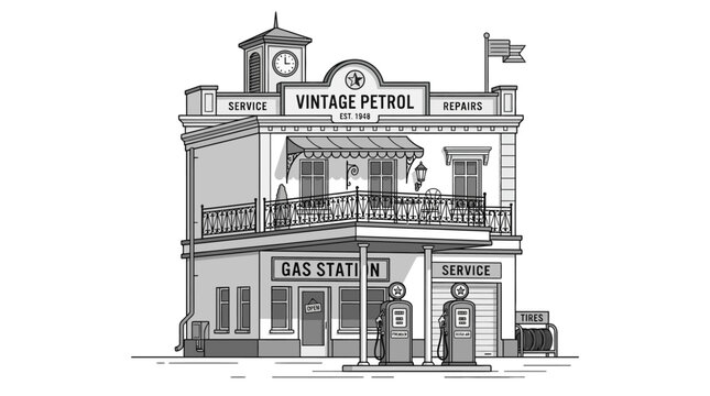Retro Vintage Petrol Gas Station Building with Old Style Pumps and Signage