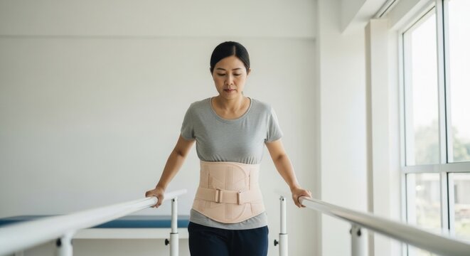 A patient with a herniated disc is walking slowly between parallel bars while wearing a back brace.