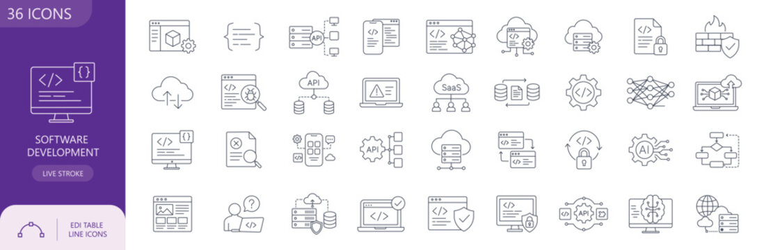 Software development and cloud programming thin line icons set, vector