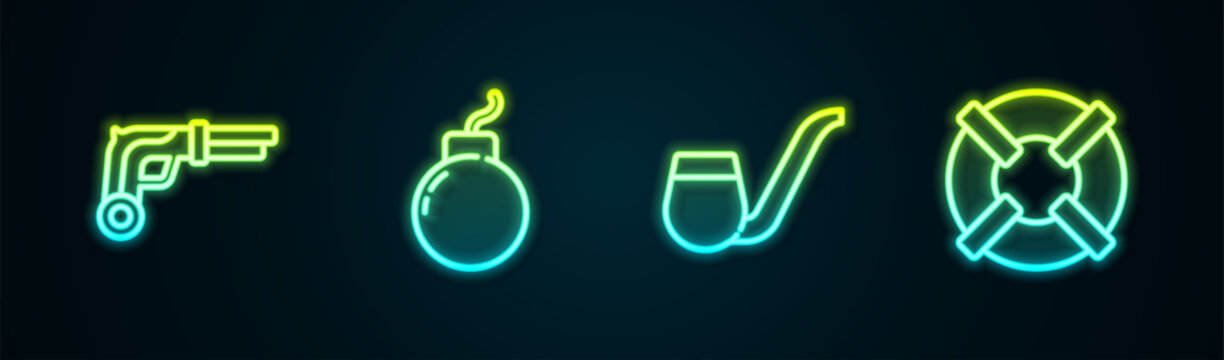 Set line Vintage pistols, Bomb ready explode, Smoking pipe and Lifebuoy. Glowing neon icon. Vector