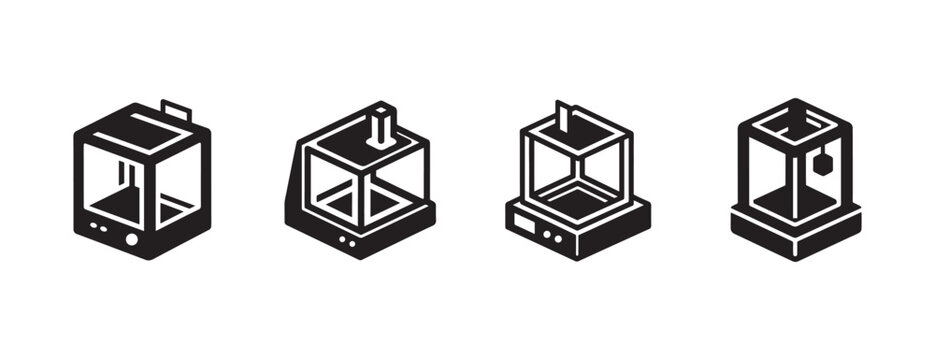 Set of Four Minimalist 3D Printer Icons in Isometric Perspective Showcasing Different Design Styles Isolated on Transparent Background