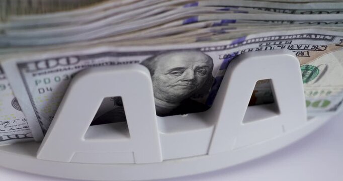 Money Counter Machine Processing US 100 Dollar Bills in Office, jib studio shot