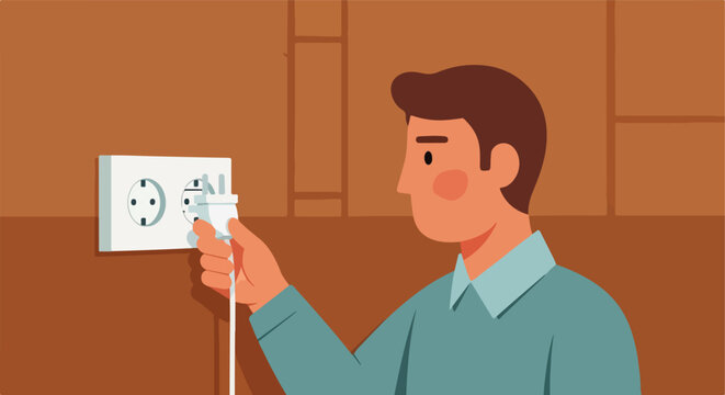 Person plugging a cord into a wall socket