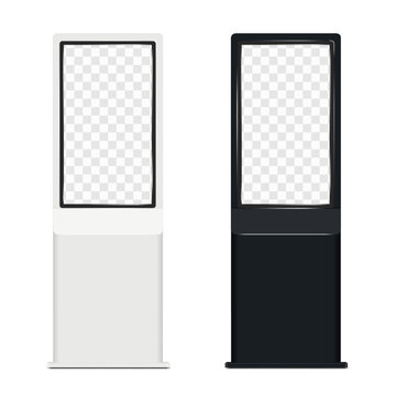 Touch screen self-service digital kiosk isolated. White, black. 3d mockup. Floor interactive display stand. Touchscreen LED LCD monitor panel. Realistic vector mock-up. Template for design